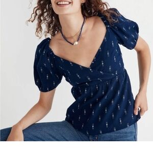 Madewell Jacquard Puff Sleeve Empire Top Sz.XS Navy